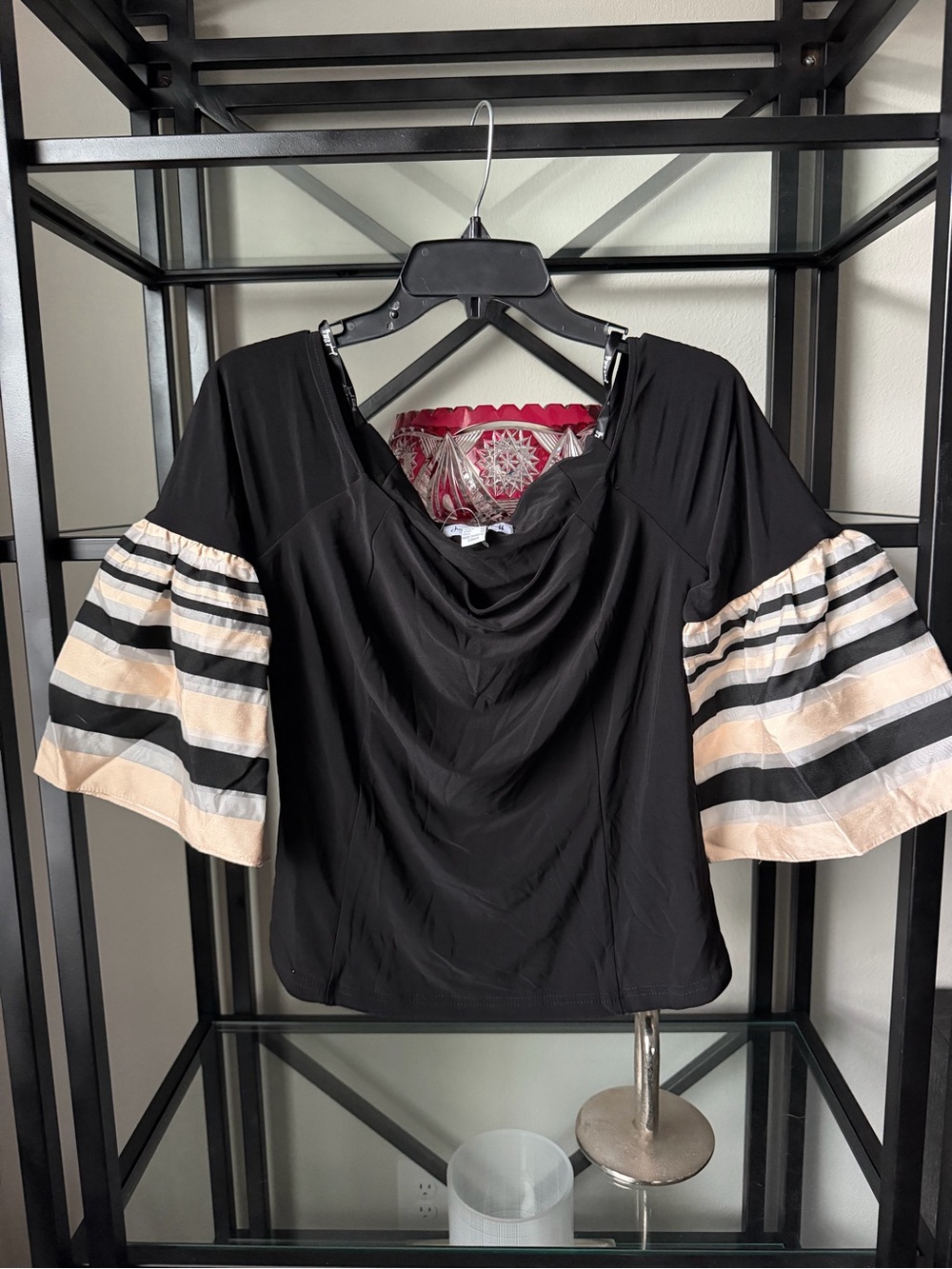 Joseph Ribkoff Black Top with Striped Bell Sleeves